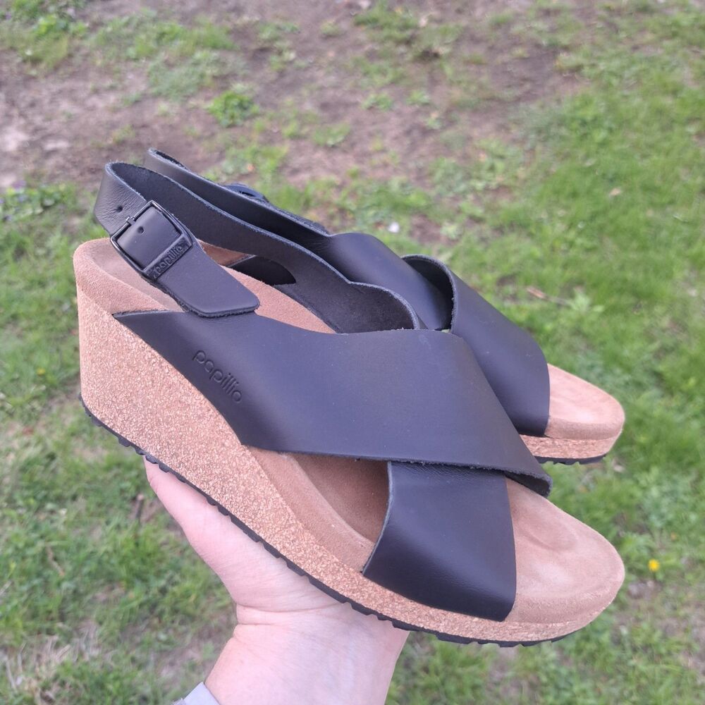 Papillio Birkenstock Samira Leather Wedge Sandal Women’s 9/40 Black Ankle Shoe - Picture 2 of 6